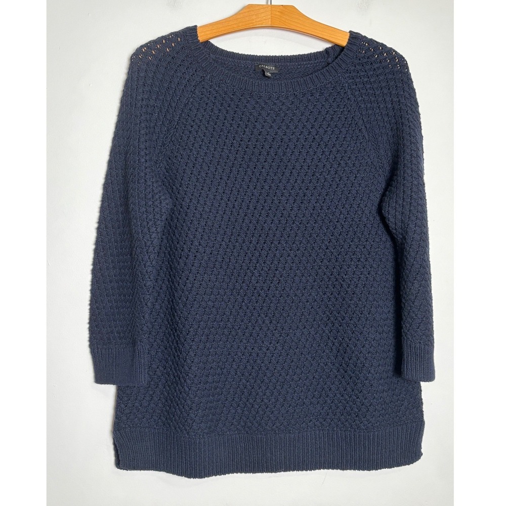 Talbots Womens Cotton 3/4 Sleeve Sweater Large Textured Knit Coastal Nautical